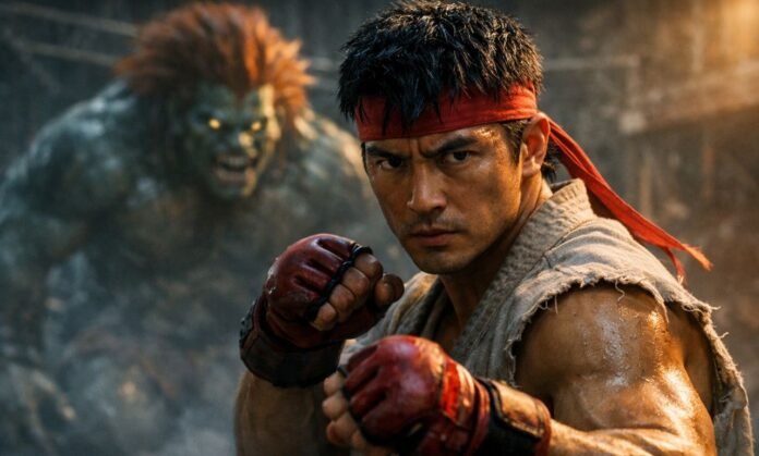 Trailer de Street Fighter com Ryu em primeiro plano e Blanka ao fundo em arena urbana cinematográfica