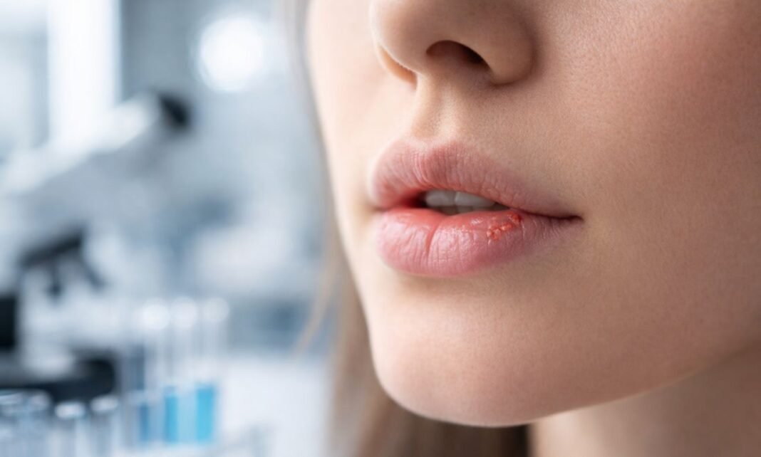vírus Epstein-Barr com lesão labial em estudo científico sobre bloqueio do vírus