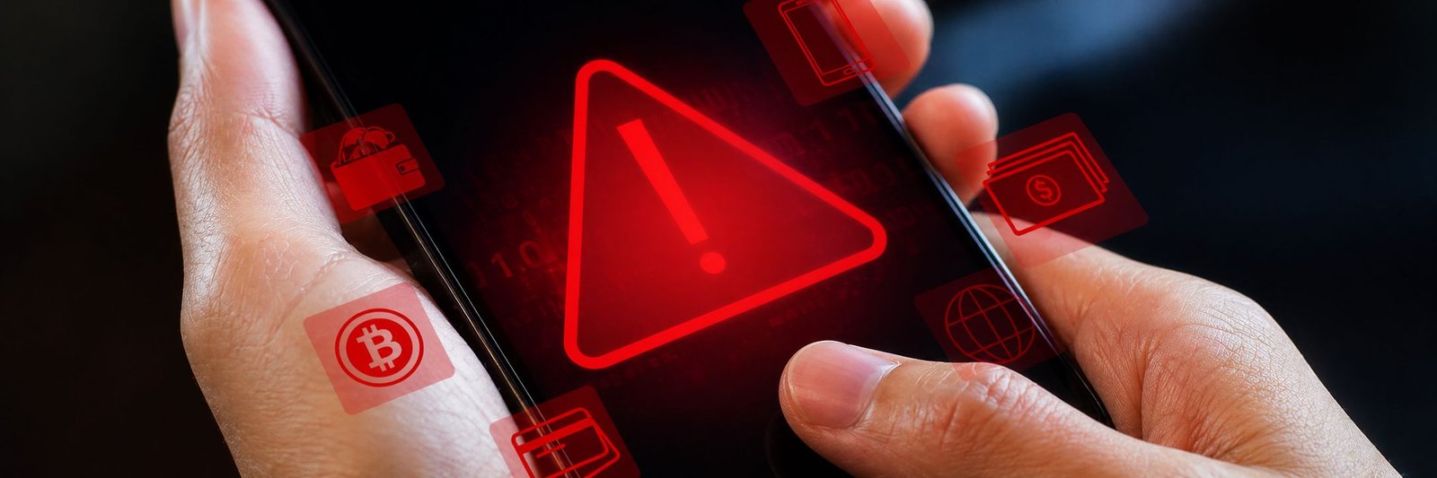 Celular Android em macro com alerta vermelho de malware e risco digital
