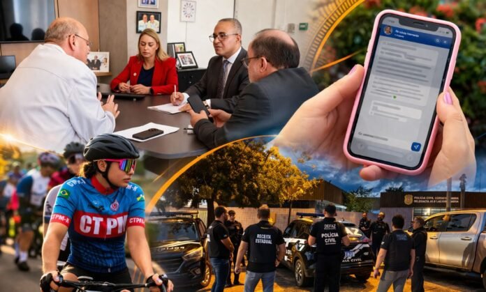 Ações do governo de Rondônia em saúde, tecnologia, esporte e fiscalização reunidas em montagem editorial