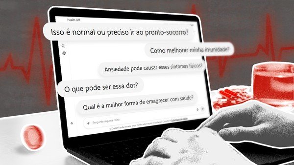 Tela de notebook com perguntas sobre saúde feitas a inteligência artificial, representando dúvidas médicas e uso de chatbot