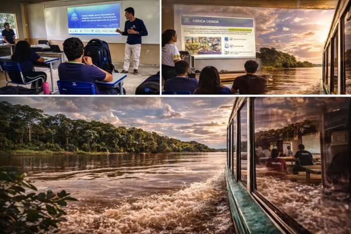 Ciência cidadã no rio Madeira com jovens ribeirinhos em atividades escolares e deslocamento fluvial na Amazônia
