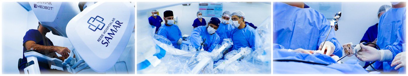 Equipe médica e tecnologia robótica durante procedimento no Hospital Samar em Rondônia