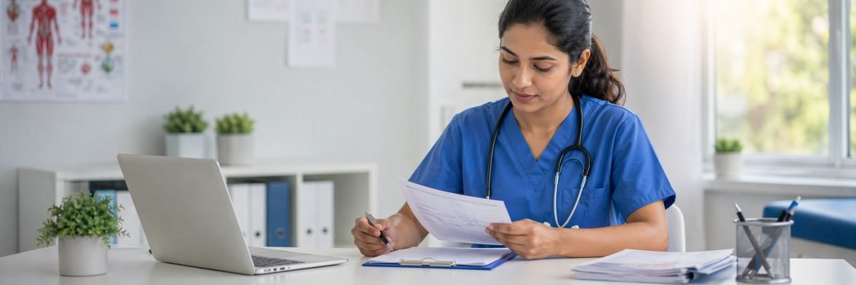 Candidata da área da saúde analisa documentos de inscrição para concurso em Ji-Paraná