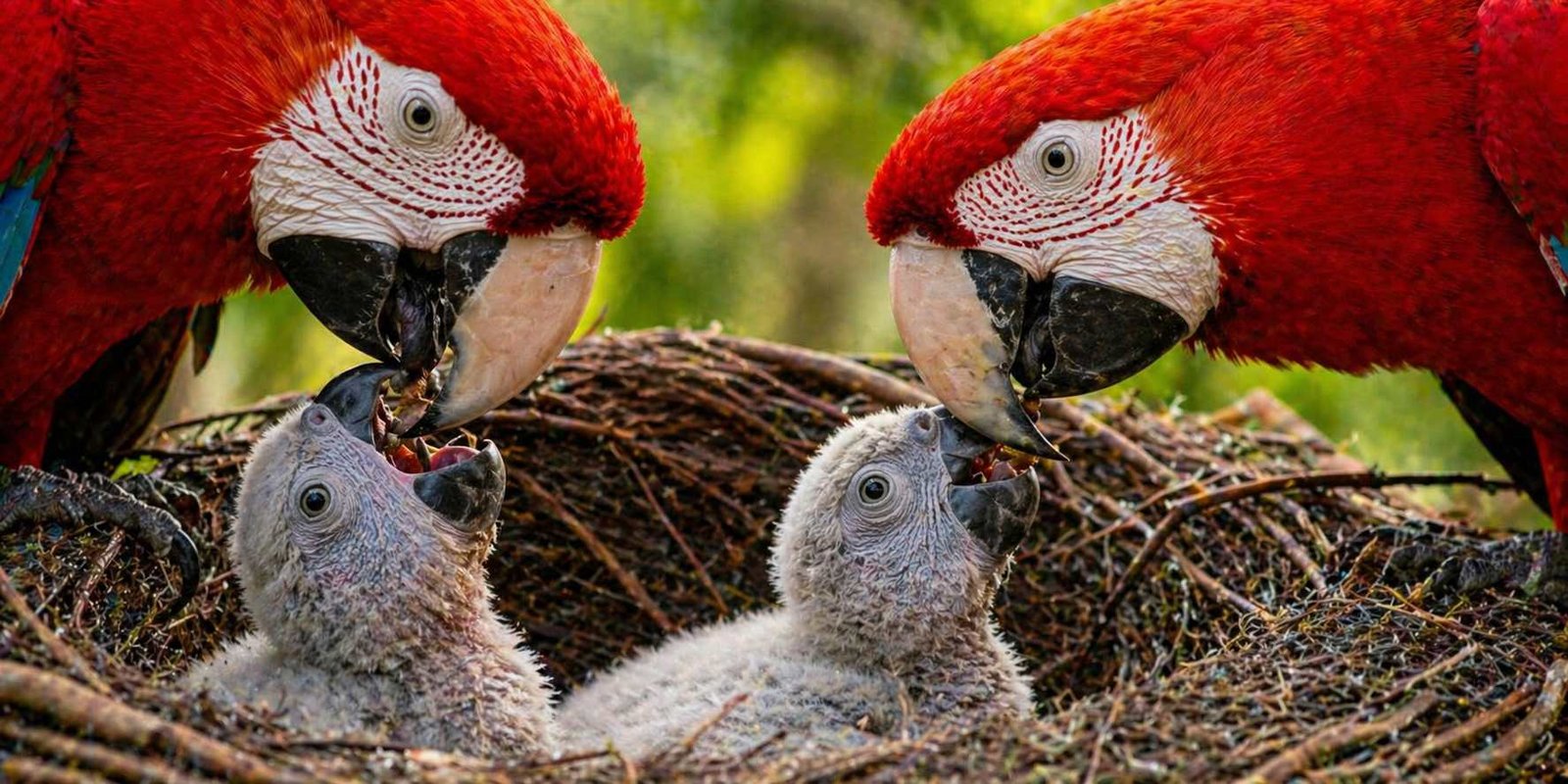 Filhotes de arara-vermelha-grande sendo alimentados no ninho em close na Mata Atlântica