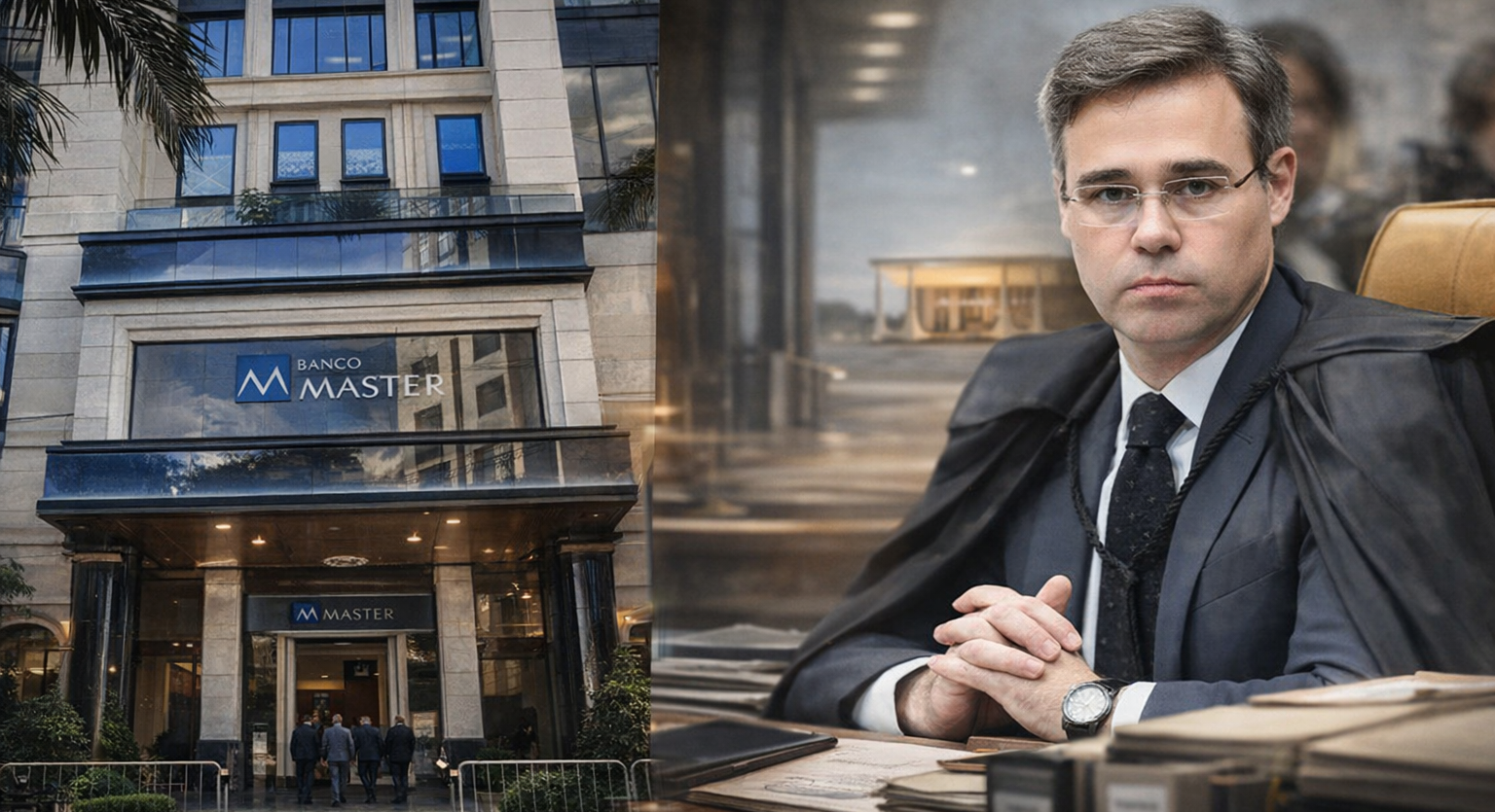 Montagem mostra fachada do Banco Master e André Mendonça em contexto de investigação no STF