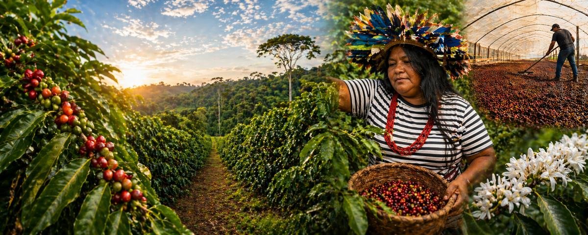 Faixa visual com lavoura, flores e grãos do café de Rondônia