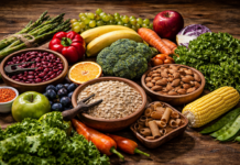 Fibra e proteína quanto mais nem sempre é melhor Fibra e proteína em alimentos saudáveis dispostos sobre mesa de madeira