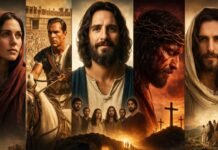 10 filmes e séries cristãos para ver na Páscoa Filmes e séries cristãos na Páscoa com montagem de capas e The Chosen ao centro