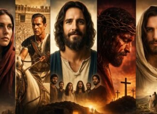 10 filmes e séries cristãos para ver na Páscoa Filmes e séries cristãos na Páscoa com montagem de capas e The Chosen ao centro