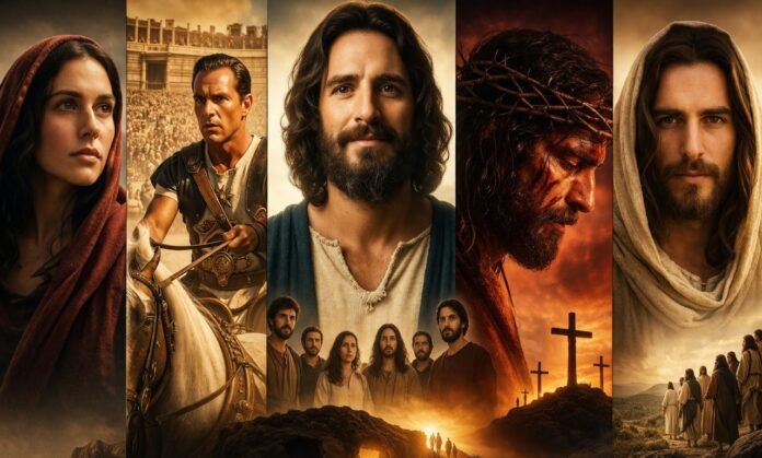 Filmes e séries cristãos na Páscoa com montagem de capas e The Chosen ao centro