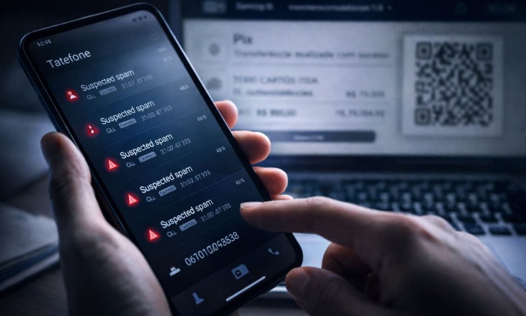 Golpe do falso gerente em celular com chamadas suspeitas e fraude bancária em conta empresarial