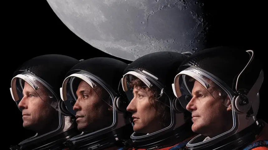 Tripulação da Artemis II posa com trajes espaciais diante da Lua durante missão histórica ao redor do satélite