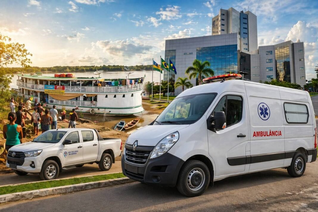 Composição editorial sobre investimentos em Rondônia com ambulância, comunidade ribeirinha, caminhonete e prédio institucional