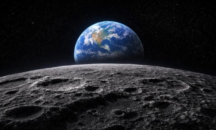 Lado oculto da Lua com a Terra ao fundo em imagem inspirada na missão Artemis II