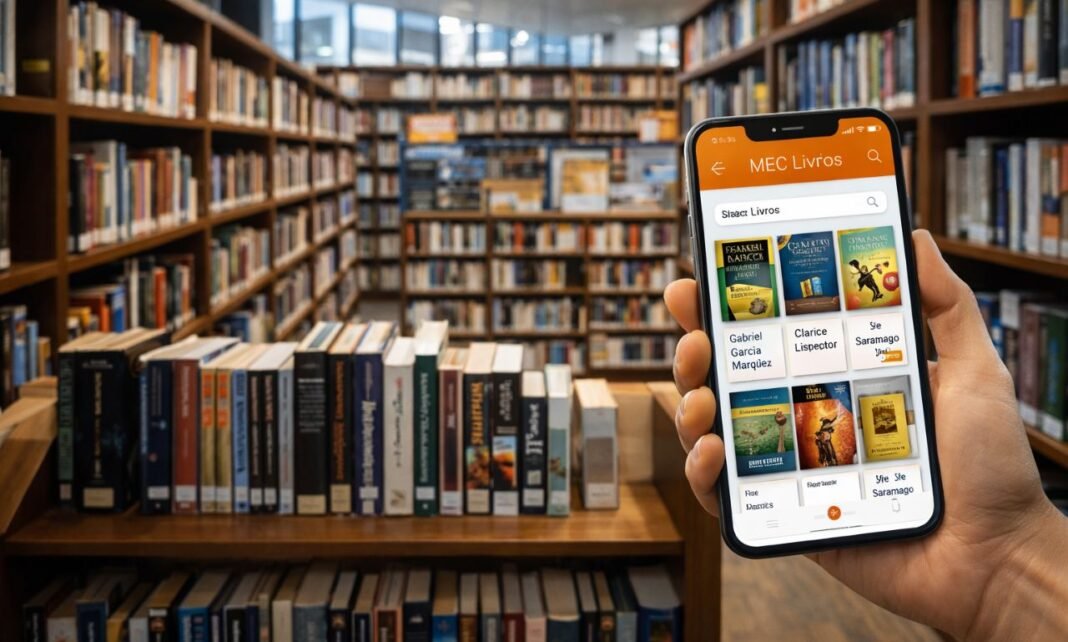 MEC Livros em smartphone com biblioteca digital e estantes de livros ao fundo