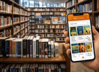 MEC lança aplicativo gratuito com quase 8 mil livros digitais MEC Livros em smartphone com biblioteca digital e estantes de livros ao fundo
