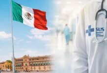 México anuncia sistema de saúde gratuito inspirado no SUS Brasileiro Saúde gratuita no México com bandeira mexicana e referência visual ao SUS em ambiente hospitalar