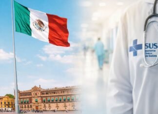 México anuncia sistema de saúde gratuito inspirado no SUS Brasileiro Saúde gratuita no México com bandeira mexicana e referência visual ao SUS em ambiente hospitalar