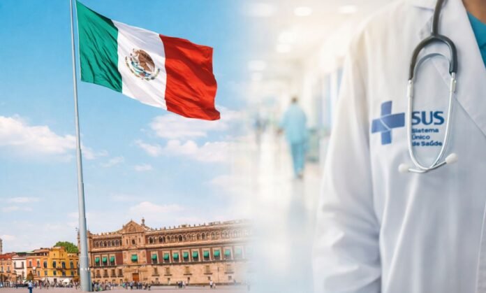 Saúde gratuita no México com bandeira mexicana e referência visual ao SUS em ambiente hospitalar
