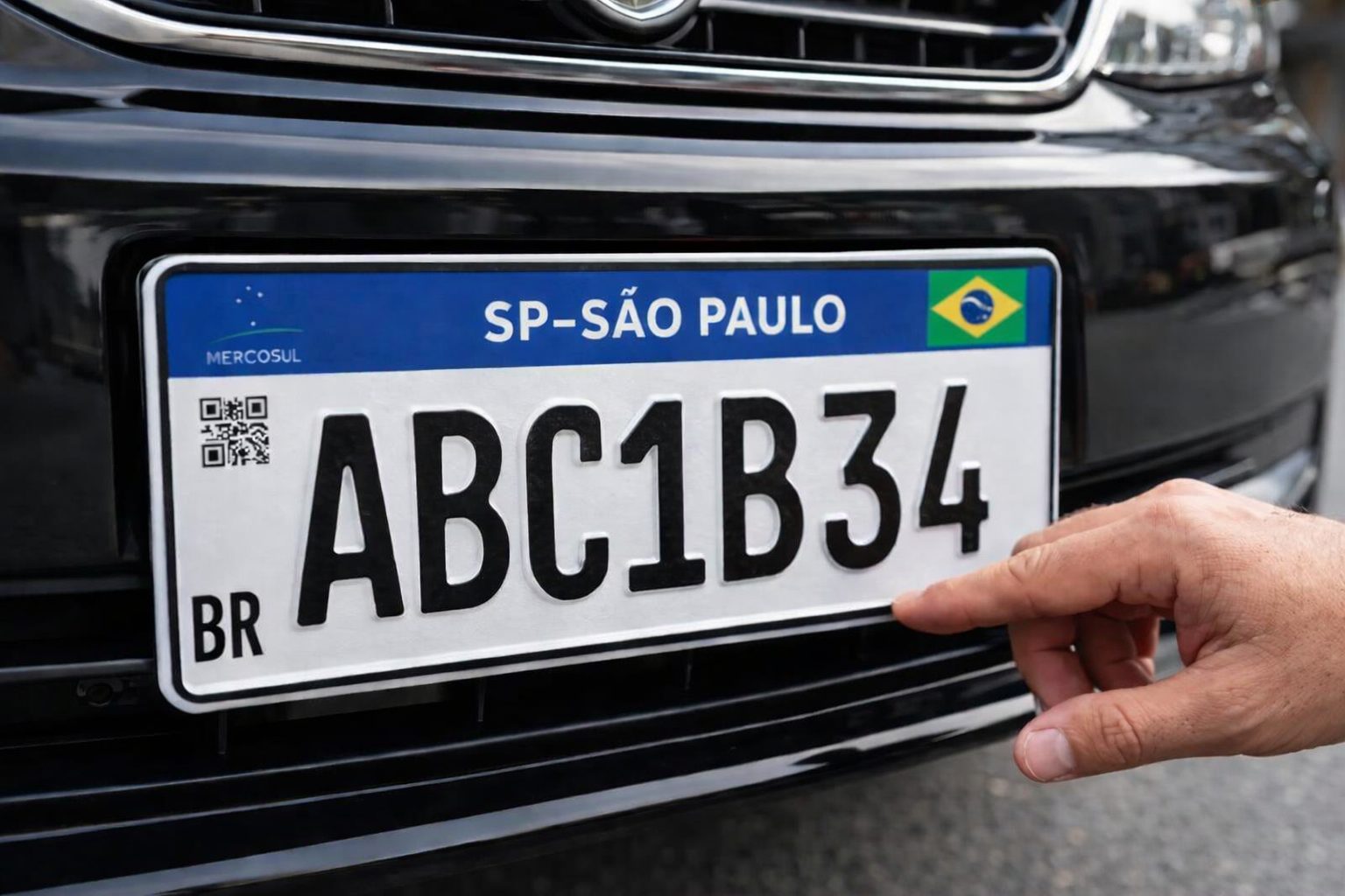 placa mercosul com cidade e estado sao paulo brasil em destaque no carro