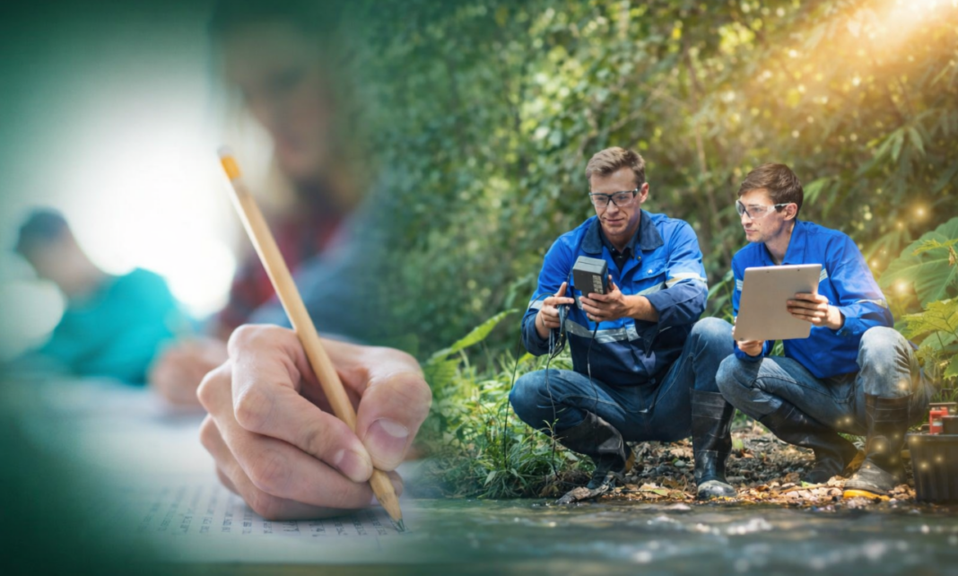 processo seletivo Sedam Rondônia com profissionais ambientais em campo e candidato realizando prova