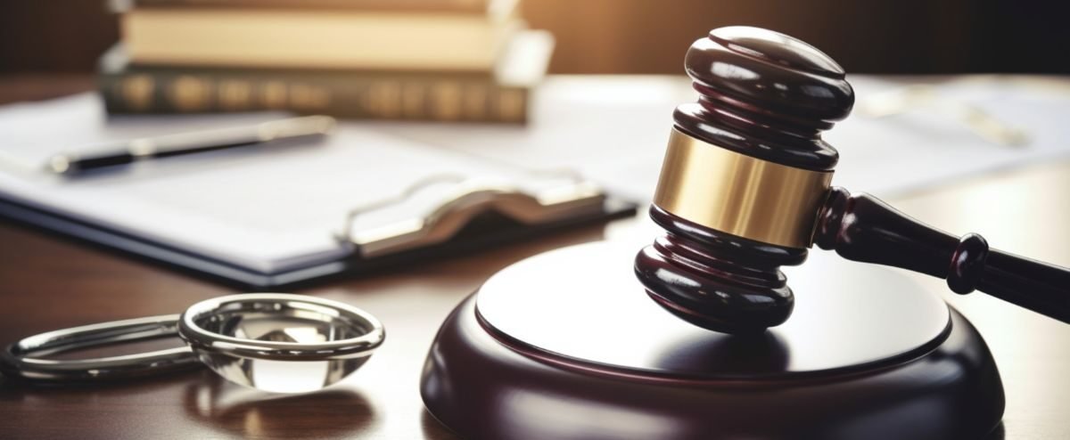 Martelo de juiz e estetoscópio representam processo de recuperação judicial na área da saúde