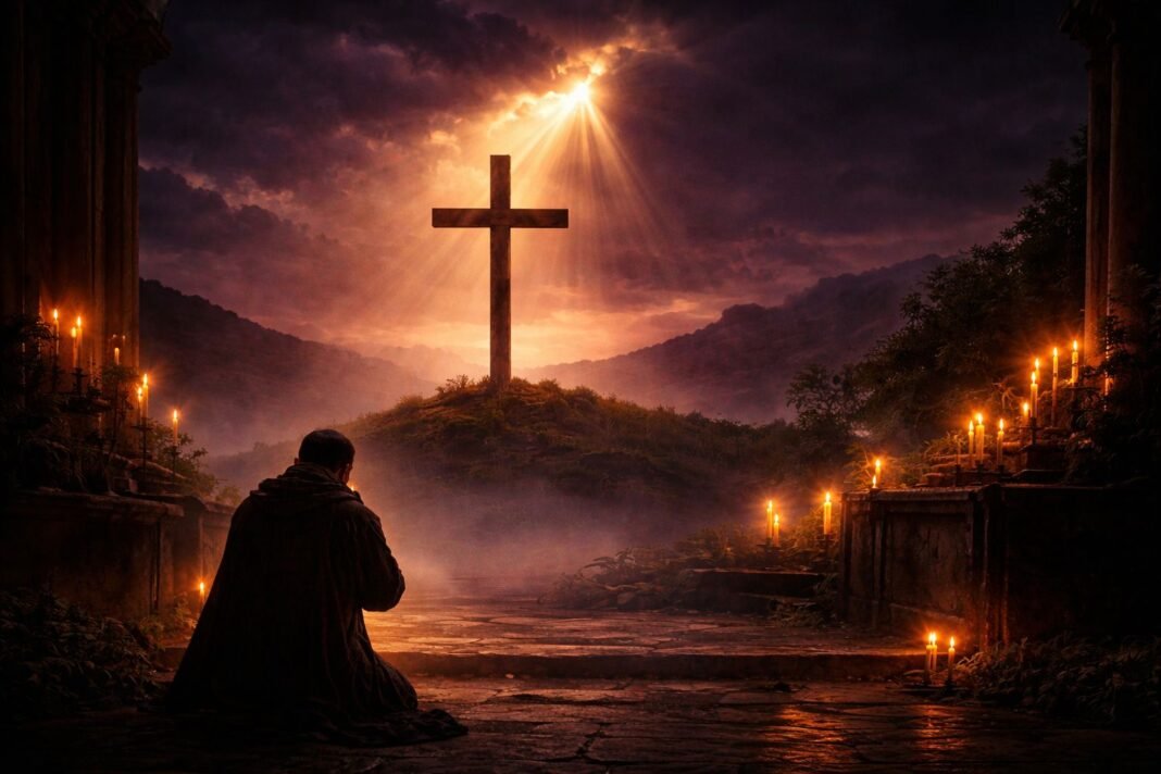 Sexta-feira Santa 2026 com cruz iluminada em cenário dramático e religioso
