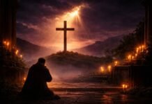 Sexta-feira Santa 2026 relembra a Paixão de Cristo Sexta-feira Santa 2026 com cruz iluminada em cenário dramático e religioso