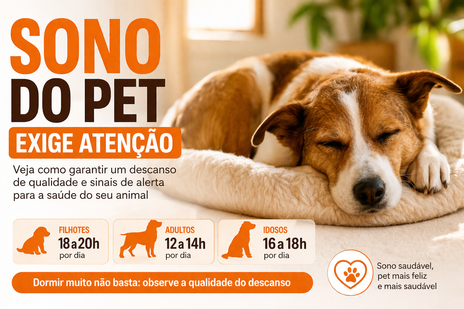 arte informativa sobre sono do pet com cachorro dormindo e alerta sobre a qualidade do descanso