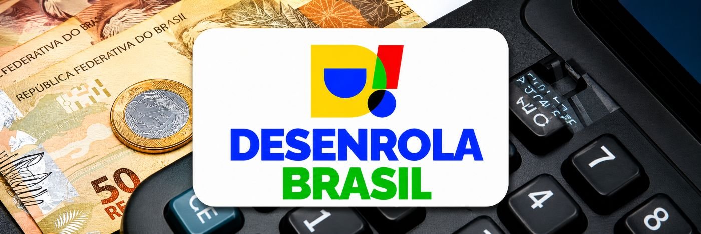 Logo do Desenrola Brasil sobre cédulas de real e calculadora em imagem sobre renegociação de dívidas