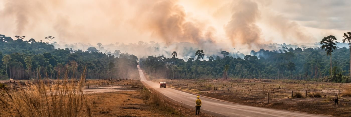 Queimadas na Amazônia geram fumaça próxima a estrada e área rural em Rondônia