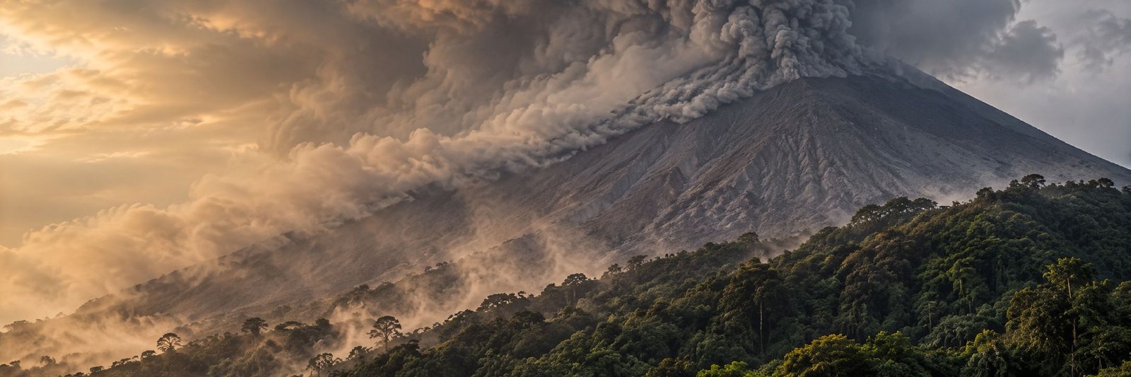 Erupção do Monte Dukono com fumaça e cinzas subindo sobre a montanha na Indonésia