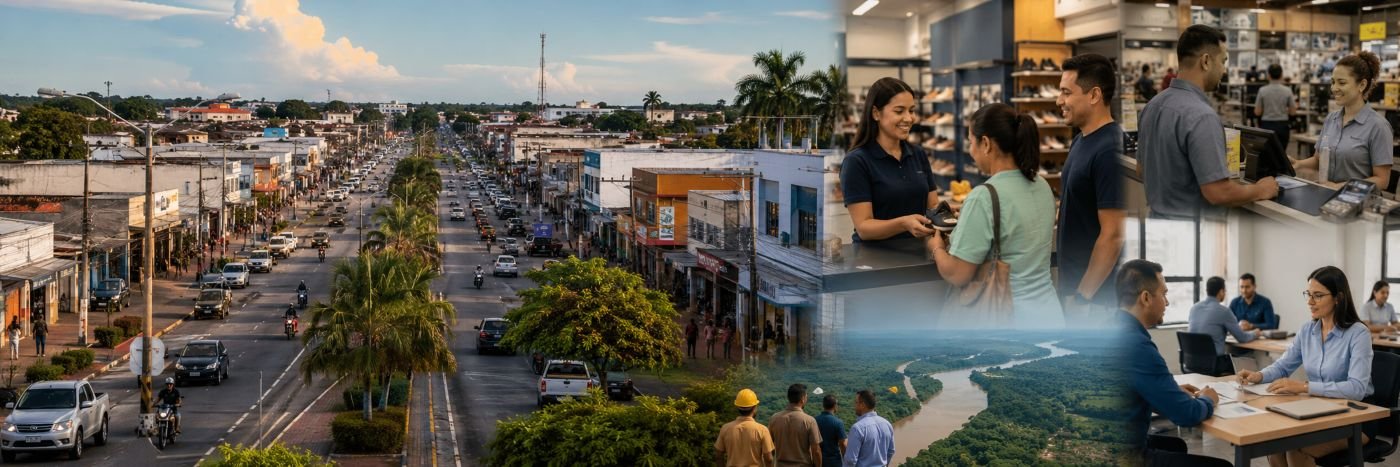 Vista urbana de Ariquemes com comércio e atendimento ao público, representando a maior oferta de vagas de emprego em Rondônia.