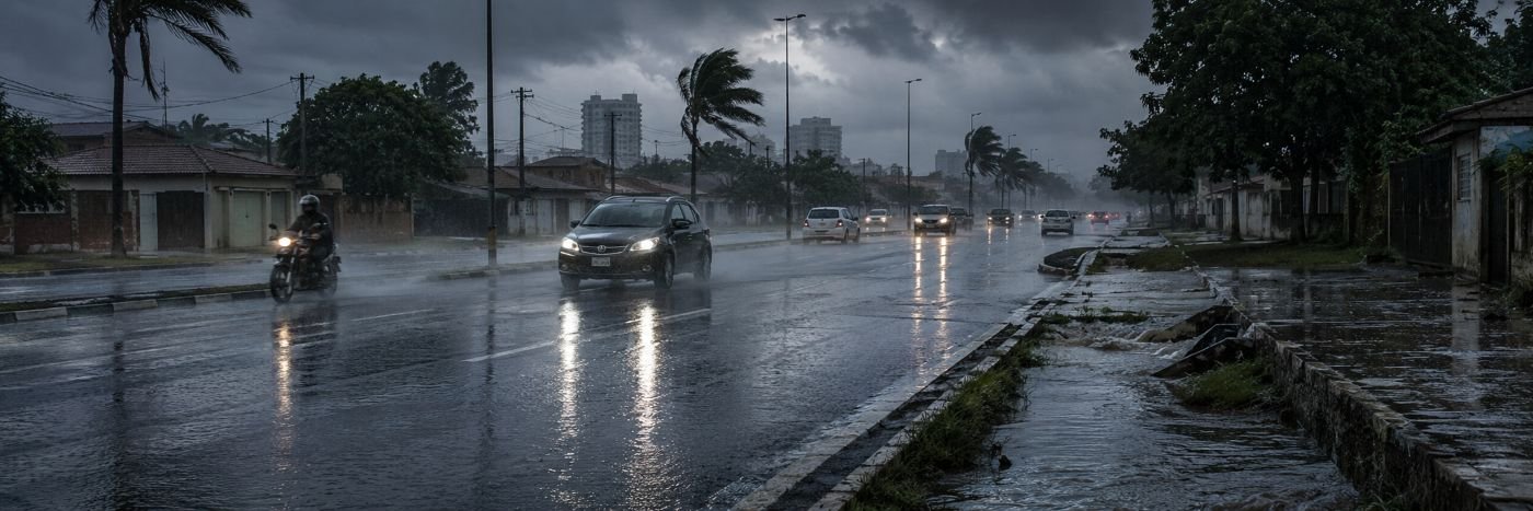 Chuva forte em avenida de Rondônia com pista molhada, carros, motociclista e risco de alagamento
