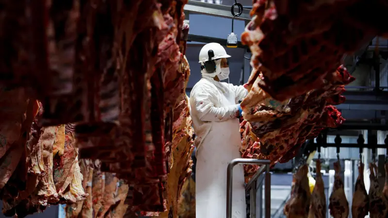 Trabalhador em frigorífico com carnes suspensas representando exportações brasileiras no acordo UE-Mercosul