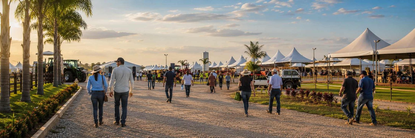 Visitantes caminham por via de acesso com pedra brita na Rondônia Rural Show 2026 em Ji-Paraná.