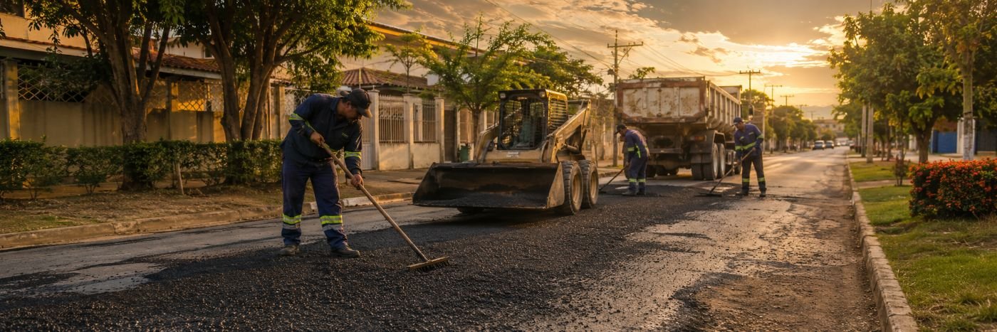 Trabalhadores e maquinário atuam em obra de recuperação asfáltica em rua urbana de Ji-Paraná