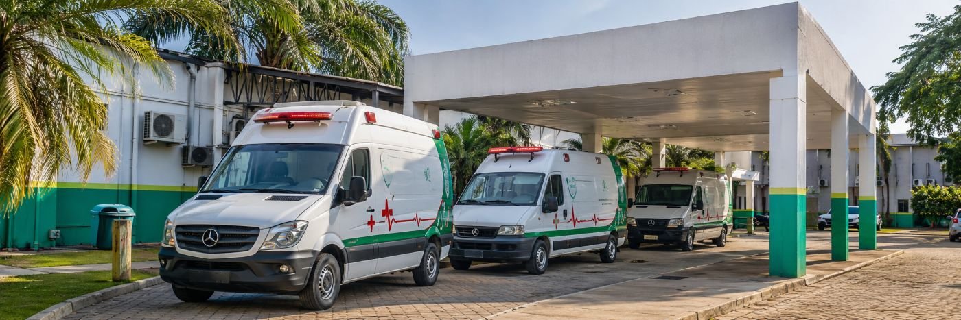 Ambulâncias em hospital de Rondônia ilustram atendimento do SUS e saúde pública estadual