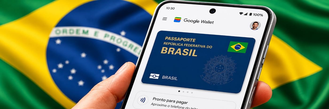 Passaporte digital no Google ID aparece em celular com bandeira do Brasil ao fundo
