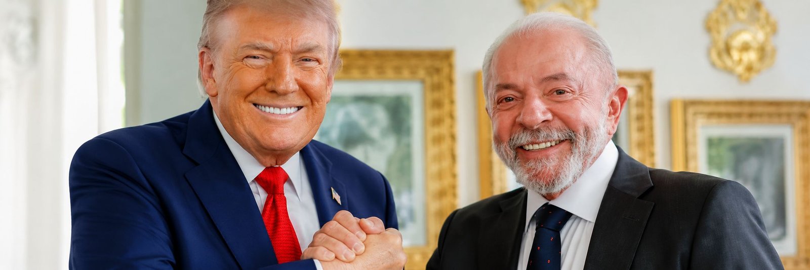 Trump e Lula apertam as mãos durante reunião na Casa Branca