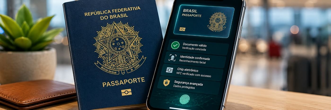 Passaporte digital no Google ID em smartphone ao lado de passaporte brasileiro físico