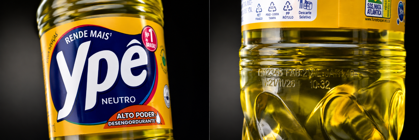 Produto Ypê Neutro em macro, com destaque para rótulo, líquido amarelo e detalhes de lote e validade na embalagem.