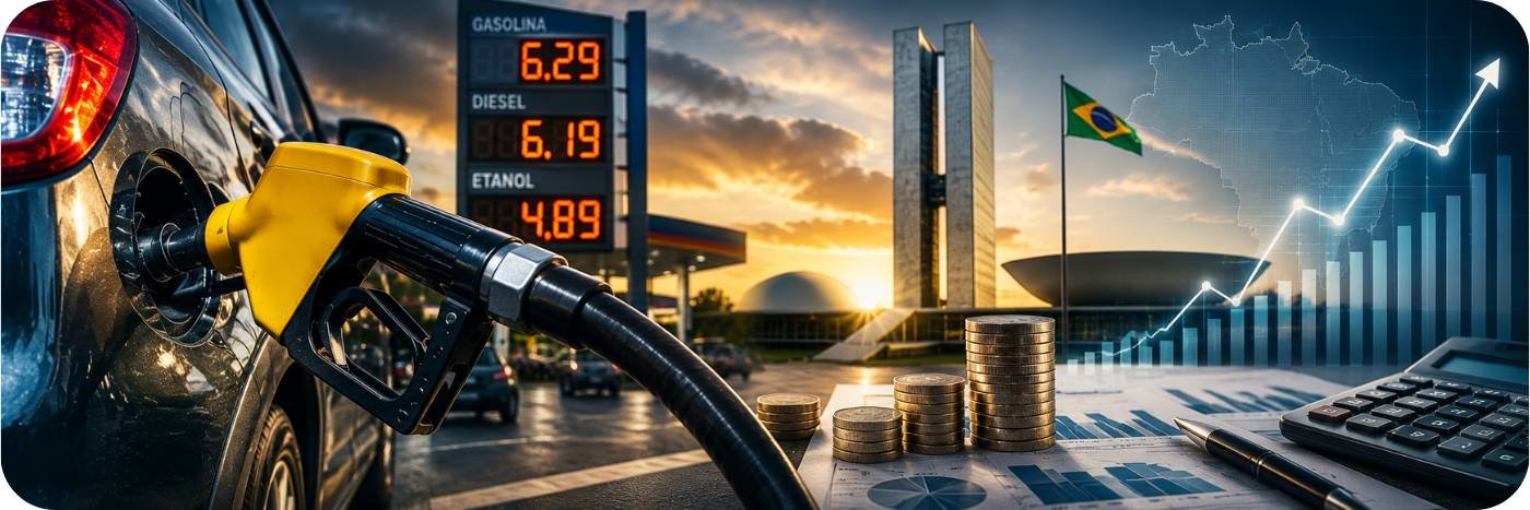 Painel de combustíveis e bomba de gasolina em imagem sobre medida do governo para conter alta dos preços