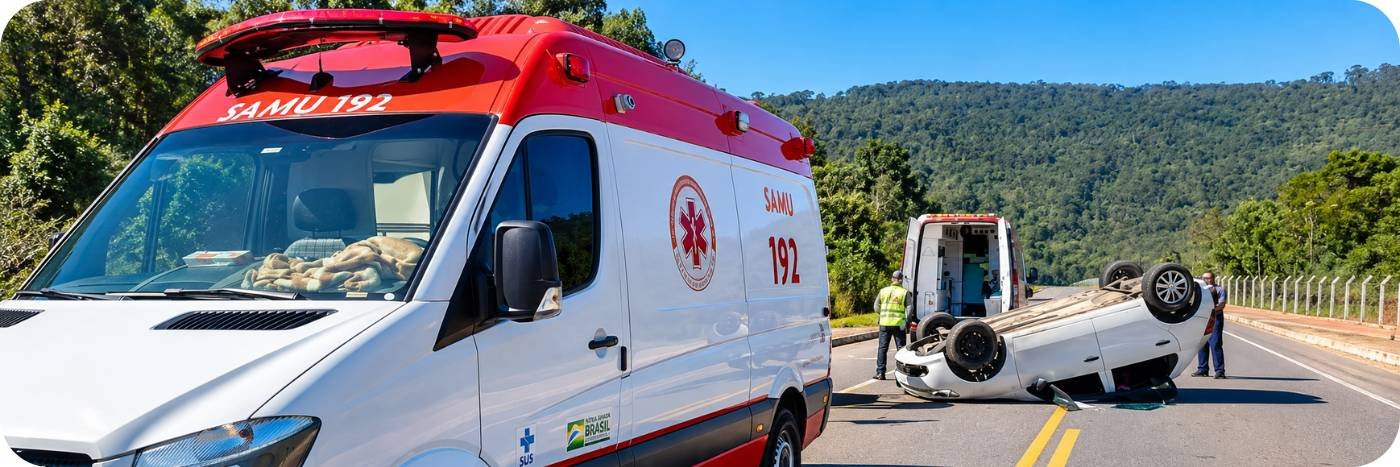 Ambulância do Samu atende ocorrência com carro capotado em rodovia durante ação de resgate