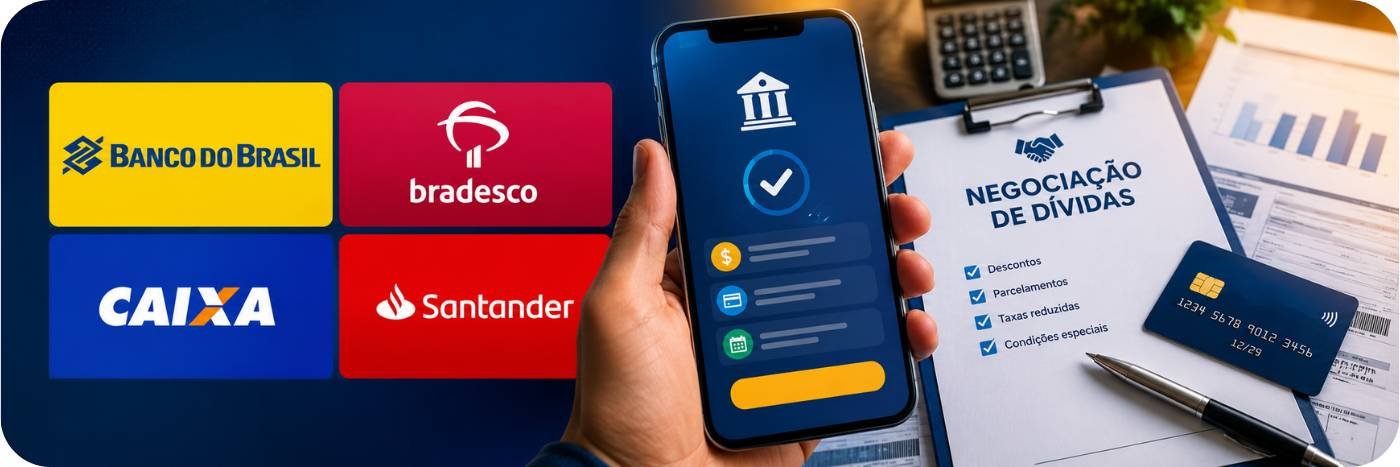Logos de bancos participantes e celular com negociação de dívidas pelo Desenrola 2.0