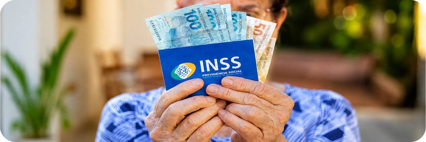 Beneficiário segurando cartão do INSS e cédulas de dinheiro, em imagem sobre empréstimo consignado do INSS.