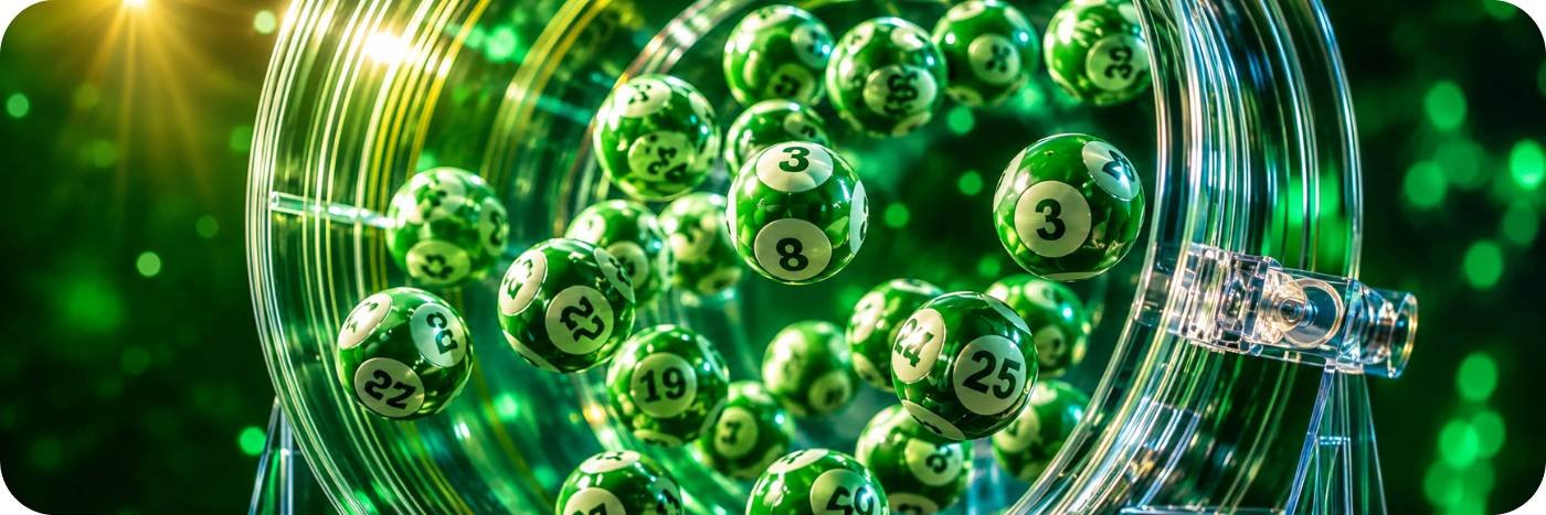 Bolas verdes da Mega-Sena em máquina de sorteio com iluminação especial em formato banner