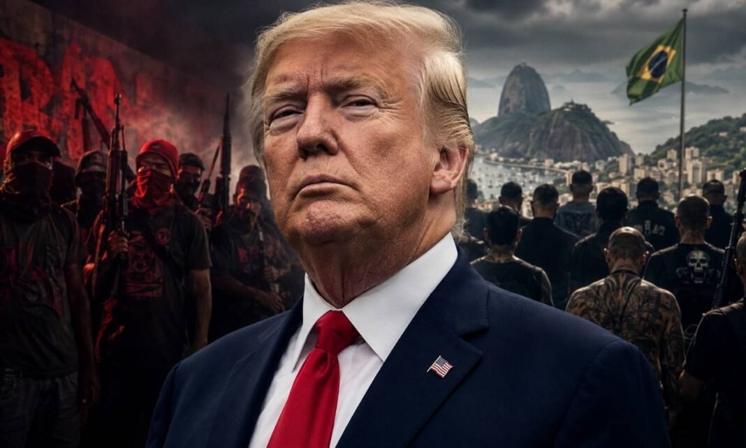 Donald Trump em destaque com grupos criminosos ao fundo em composição sobre CV e PCC como terroristas