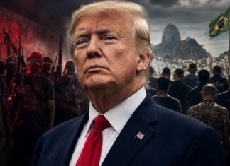 Estados Unidos vão classificar CV e PCC como organizações terroristas Donald Trump em destaque com grupos criminosos ao fundo em composição sobre CV e PCC como terroristas